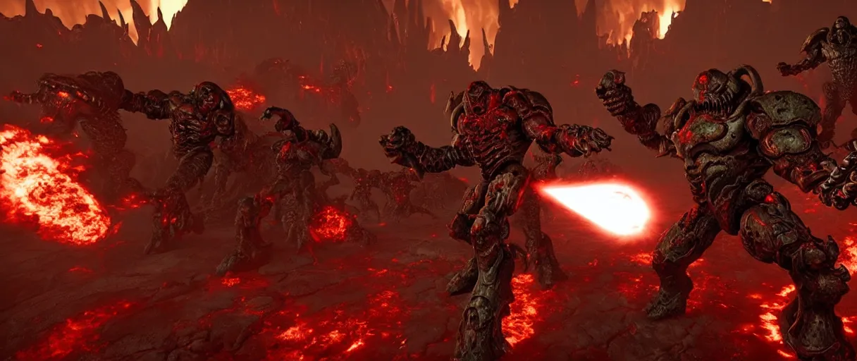 Image similar to doom slayer defeating hordes of demons and creatures on Urdak, wide shot, high detail, photorealistic, “doom eternal”, unreal engine