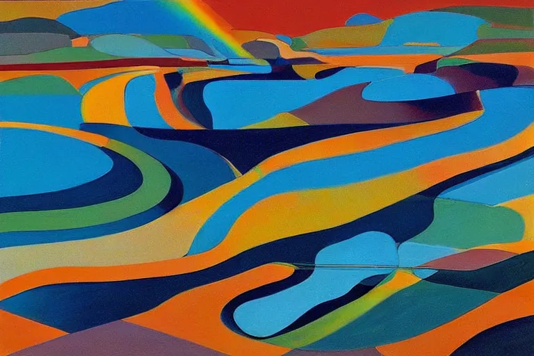 Image similar to A wild, insane, modernist landscape painting. Wild energy patterns rippling in all directions. Curves, organic. Saturated color. Mountains. Clouds. Rushing water. Wayne Thiebaud.