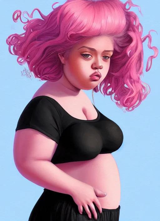 Image similar to full body portrait, teenage vanessa morgan, pink hair, obese, curly pixie hair, sultry, realistic, short hair, hoop earrings, skirt, shirt, fat, belly, black girl, intricate, elegant, highly detailed, digital painting, artstation, concept art, smooth, sharp focus, illustration, art by wlop, mars ravelo and greg rutkowski