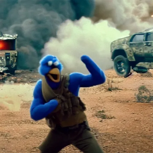 Image similar to cinematic shot, the cookie monster is rambo, explosions in the background