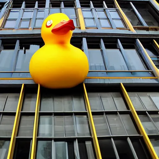 Prompt: a mile tall rubber duck in a city, point of view looking up from the street, photograph