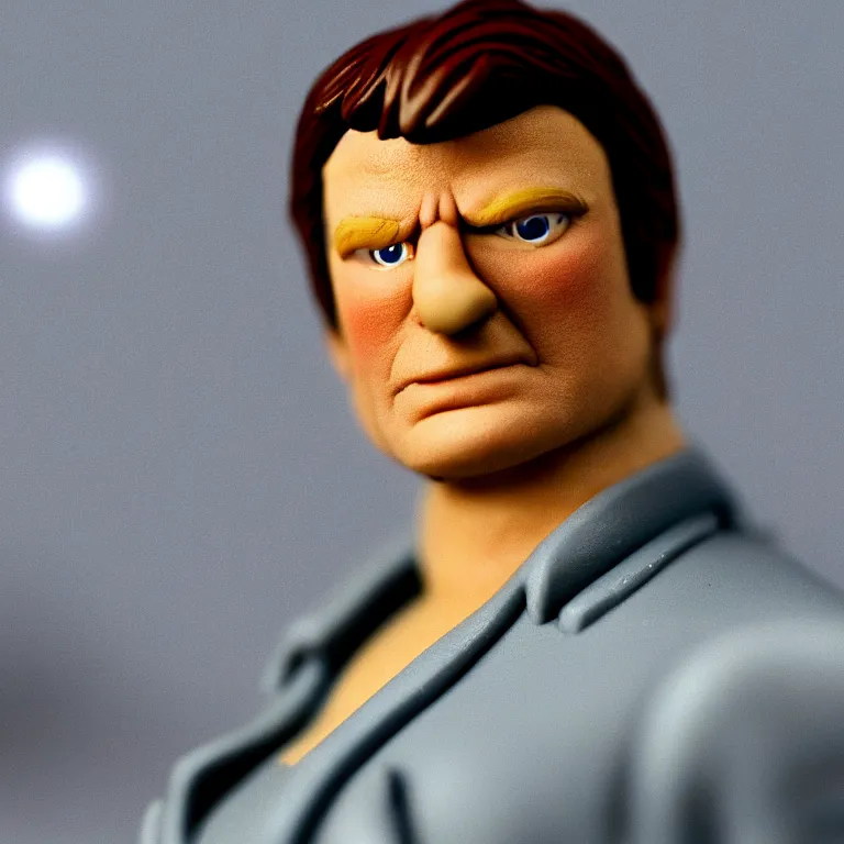 Image similar to a cinematic film still of a claymation stop motion film starring nathan fillion, shallow depth of field, 8 0 mm, f 1. 8