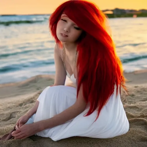 Prompt: An anime girl with long red hair in a white silky dress sitting in the sand on a beach at sunset