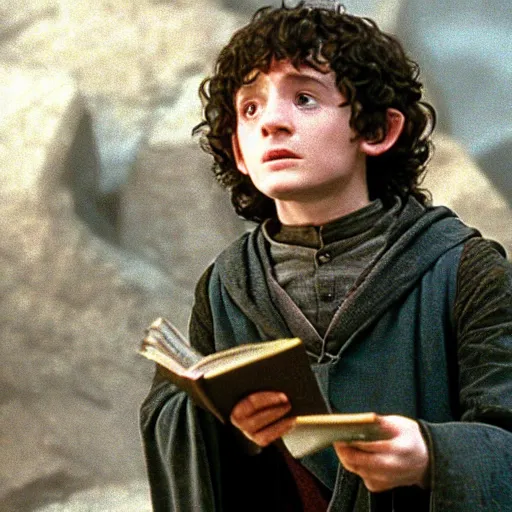 Image similar to still of frodo baggins looking up wearing the sorting hat, in harry potter and the philosopher's stone ( 2 0 0 1 )