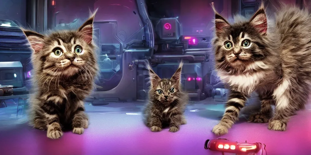 Prompt: a 3 d rendered movie still a cute robot in the shape of an adorable cyberpunk maine coon kitten. in the background is a cyberpunk cat tree with rgb ambient dramatic lighting. digital art. science fiction blockbuster movie from the future, imax 7 0 mm. style of mandalorian ( american space western television series )