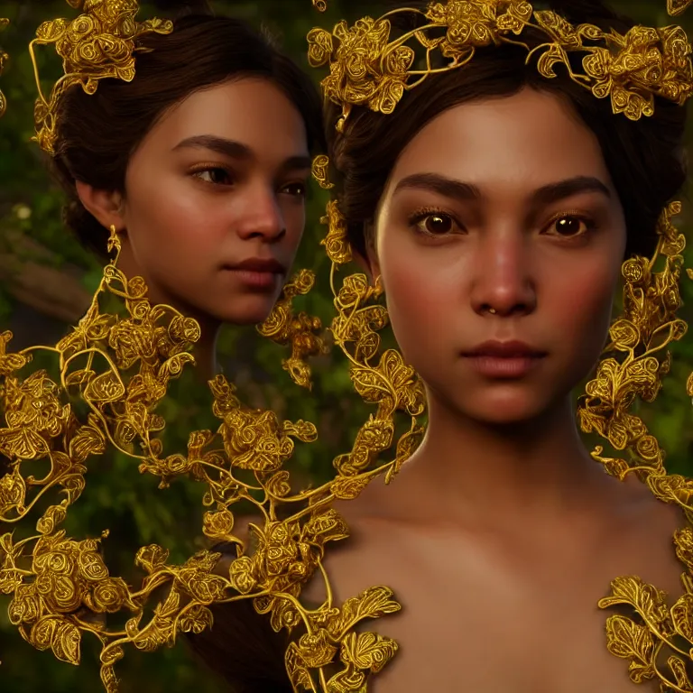 Prompt: princess of vines with a clear skin, ornate 8 k gorgeous intricate gold detailed unreal engine rendered