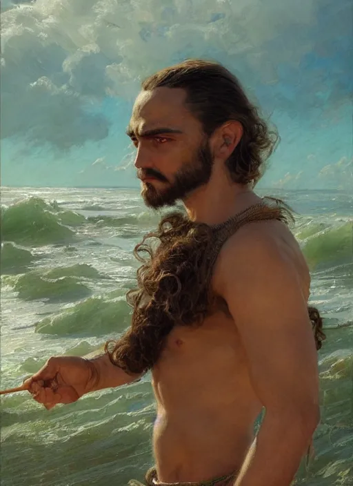 Prompt: detailed cinematic wide shot of muscular attractive young aztec man beard slim face symmetrical face tanskin green eyes white hair wearing sea clothes, ultra realistic, spring light, painting by gaston bussiere, craig mullins, j. c. leyendecker