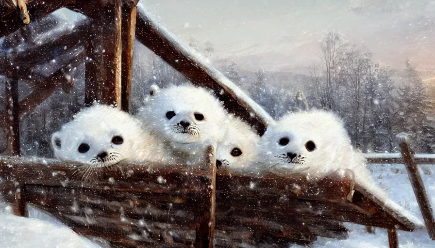 Image similar to highly detailed closeup painting of cute furry white baby seals inside a snowy adventure park climbing frame by william turner, by greg rutkowski, by william constable, thick brush strokes and visible paint layers, 4 k resolution