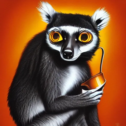 Image similar to Geometric symmetrical lemur drinking coffee, sun in the background, intricate, elegant, highly detailed, digital painting, artstation, concept art, smooth, sharp focus, illustration, art by artgerm