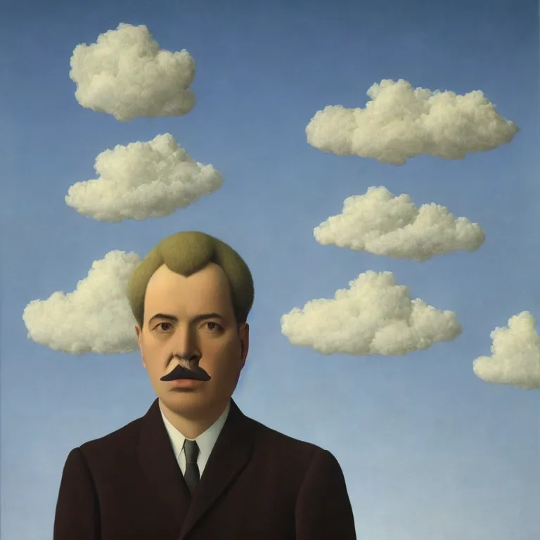 Image similar to portrait of a man made out of clouds, by rene magritte, detailed painting, hd, hq, high resolution, high detail, 4 k, 8 k