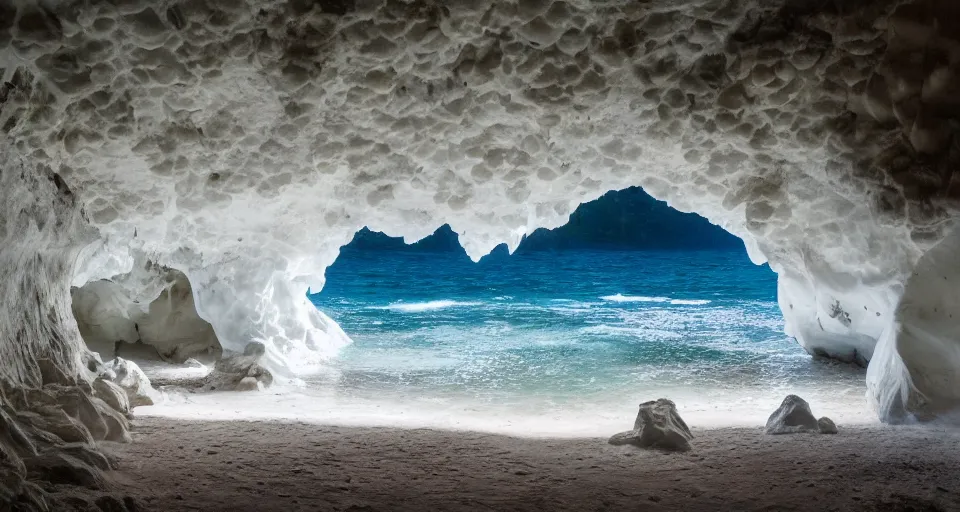 Image similar to white seashell house cave, atmospheric cinematography