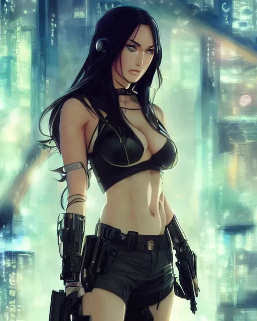 Prompt: anime key visual of megan fox police officer, cyberpunk, futuristic, perfect eyes, stunning features, perfect face, high details, digital painting, artstation, smooth face, soft focus, illustration, art by artgerm and greg rutkowski and alphonse mucha