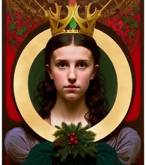 Prompt: dark, realistic detailed portrait of 1 6 - year - old millie bobby brown or alicia vikander wearing a candle wreath as a crown at christmas, lit only by candlelight at night by alphonse mucha, william adolphe bouguereau, and donato giancola, dark art nouveau style, dark red and green colors