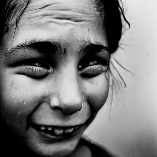 Image similar to a candid extreme closeup portrait of an expressive face of a happy through tears young woman by annie leibovitz