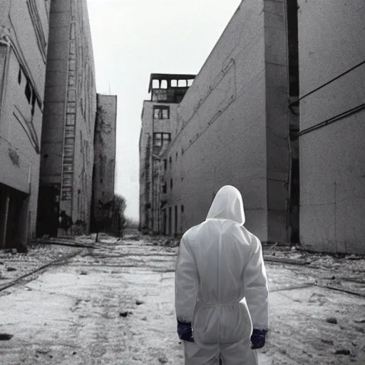 Image similar to news reporter in a hazmat suit 1 9 9 0 s news found footage of an abandoned soviet downtown with a humanoid scp hidden in background, liminal space, backrooms, scp, film grain, rundown, eerie, dark lighting, 3 5 mm, realistic, photograph, hazmat suits, foggy, silent hill style, detailed, hyperrealistic