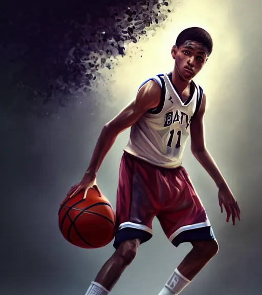 Prompt: portrait of a boy playing basketball in a basketball court, intense emotion, intricate, elegant, highly detailed, centered, digital painting, artstation, concept art, smooth, sharp focus, illustration, WLOP