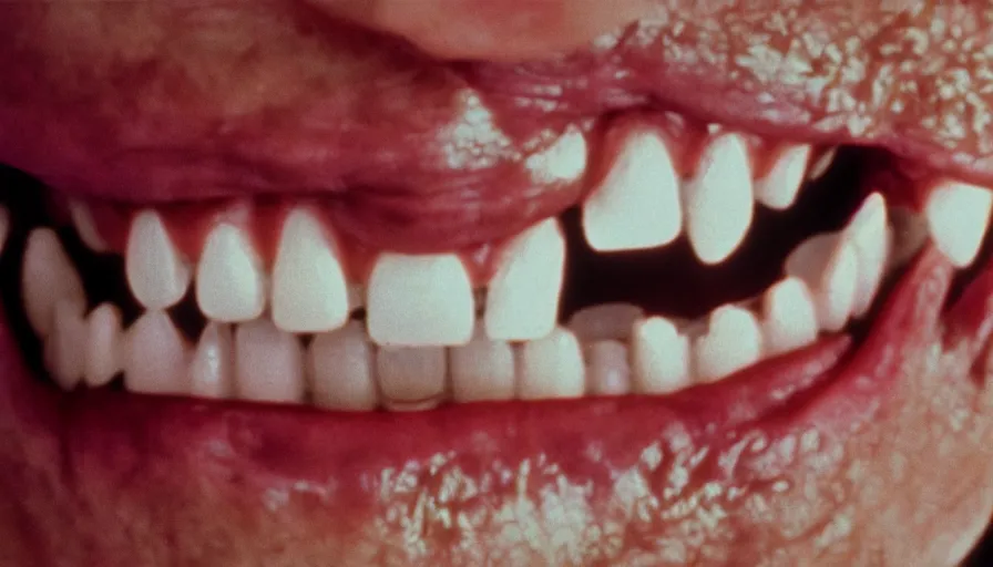 Image similar to 70s movie still of a man with trypophobia teeth in hospital, eastmancolor, heavy grain, high quality, higly detailed, liminal space