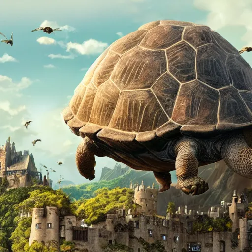 Prompt: giant tortoise with large castle growing from the shell, distant shot birds eye view, fantasy, hyper detailed, 4 k, howls moving castle, mortal engines,