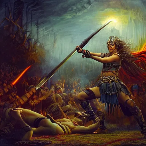 Prompt: epic beautiful young warrior maiden fighting against darkness under ritual lit night Ken Kelly, photorealistic, cinematic, fantastic reality, detailed, intricate dramatic lighting, establishing shot, 8k resolution – W 1024