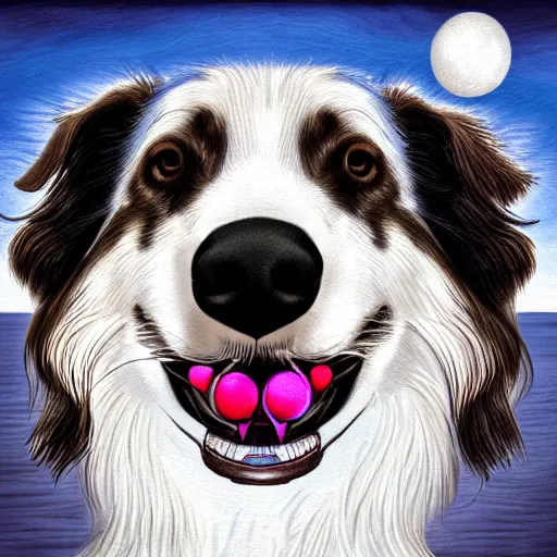 Prompt: Surrealistic digital art of a white and brown Border Collie dog with the Earth on his mouth