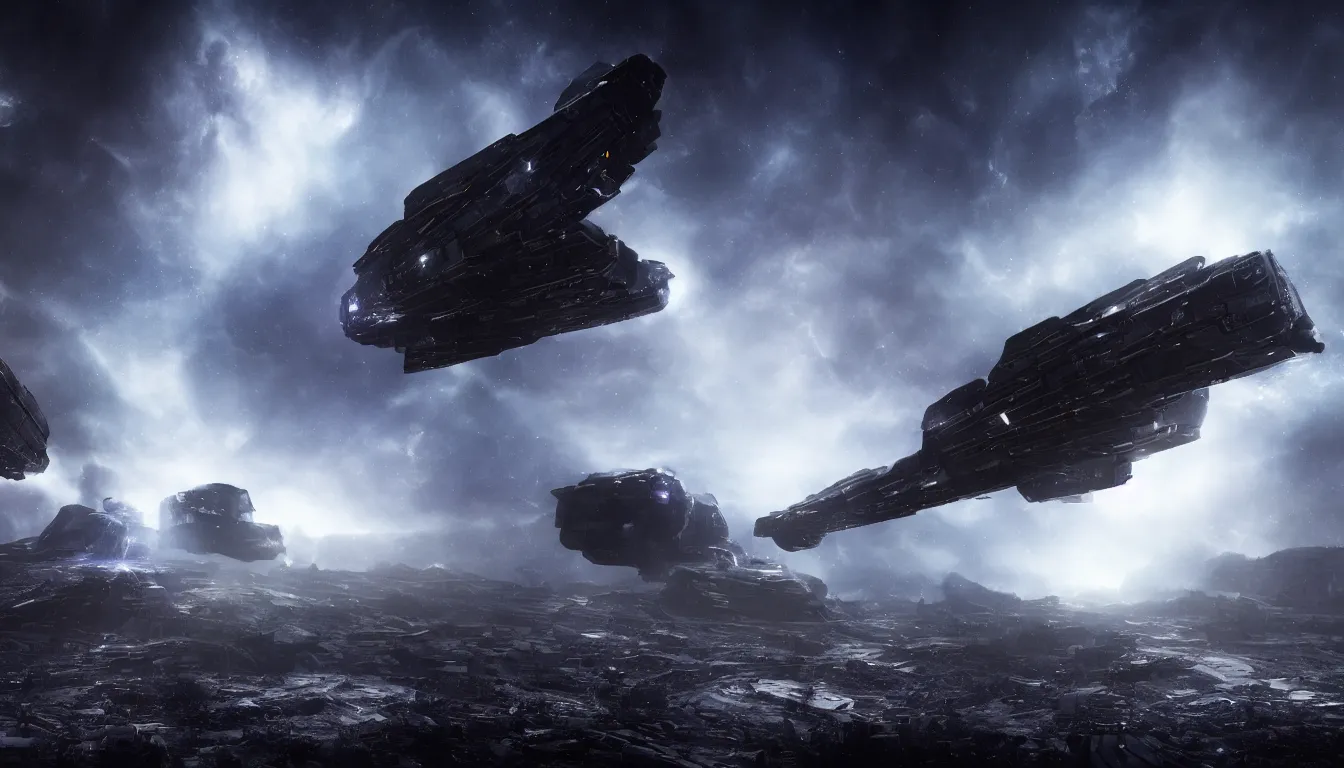 Prompt: panorama of an ominous dark nebula with a derelict stargate, eve online, octane render
