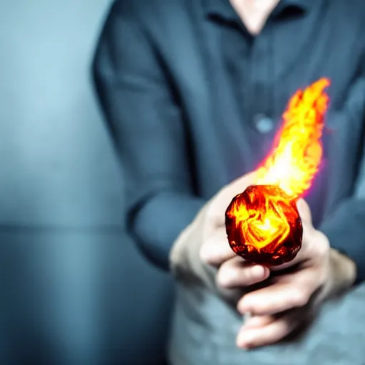 Image similar to close up telephoto shot of a mage holding a fireball in their hands, highly detailed VFX, CGI render