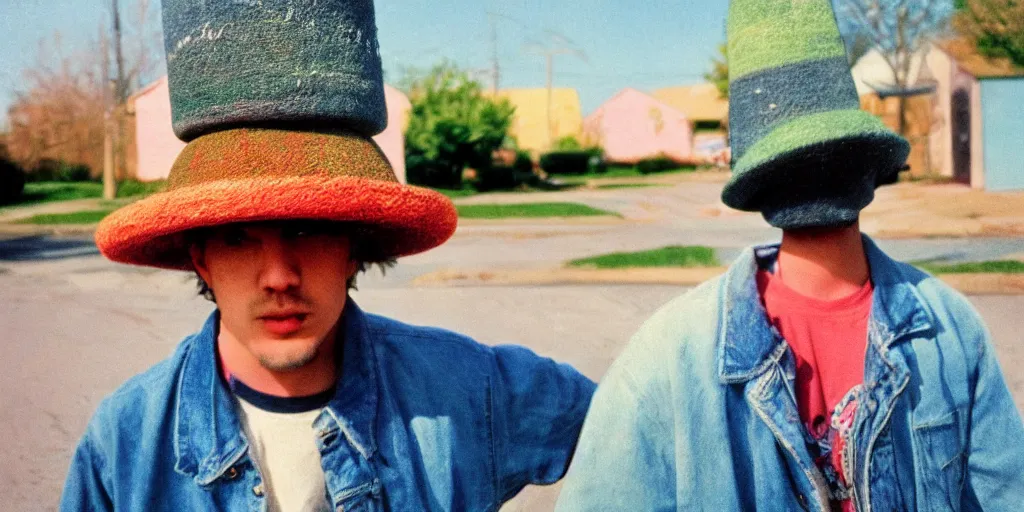Prompt: detailed color analog medium format photo made by harmony korine, polaroid photo of person in weird hat in american suburbs, high production value, intricate details, 8 k resolution, hyperrealistic, hdr, photorealistic, high definition, tehnicolor, award - winning photography, masterpiece, amazing colors,