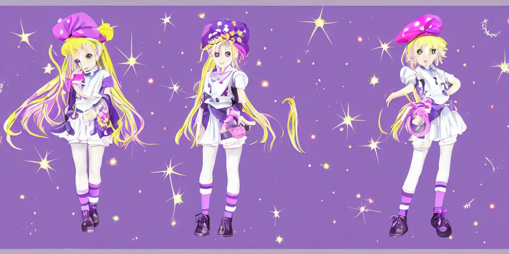 Image similar to A character sheet of an anime magical girl holding a paintbrush with short blond hair and freckles wearing an oversized purple Beret, Purple overall shorts, jester shoes, and white leggings covered in stars. Rainbow accents on outfit. Concept Art. Card captor Sakura inspired. Sailor Moon Inspired. Madoka Magica Inspired. By Naoko Takeuchi. By CLAMP. By WLOP. JPOP Outfit. KPOP Outfit