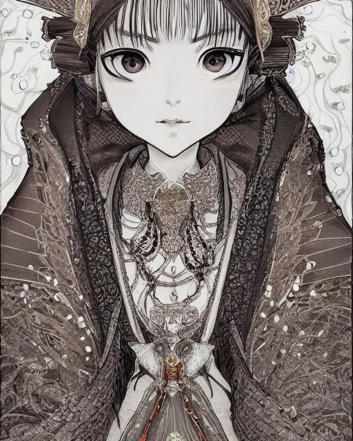 Image similar to portrait of a queen, elegant, beautiful, mesmerizing, concept art, fancy clothing, highly detailed, inspired by otoyomegatari manga, artstation, behance, deviantart, trending, ayami kojima, shinichi sakamoto, kaoru mori