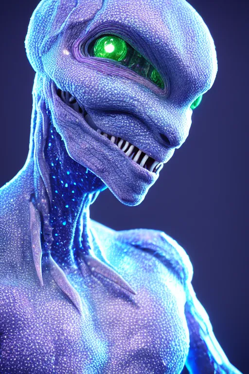 Image similar to skin concept alien, in full growth, mineral crystals instead of skin, magical crystals, smoky crystals, translucent crystals, luminous sparkling crystals, many details, 3 d, cinematic, hyper realism, high detail, octane render