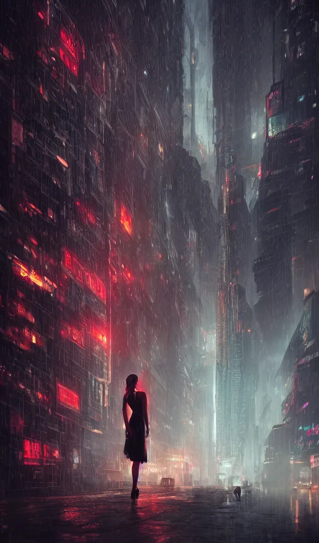 Image similar to a girl with silver long hair and red dress standing on a rooftop in a cyberpunk city, blade runner, nighttime, rain, intricate artwork by tooth wu and wlop and beeple, octane render, hyper realism, 8 k