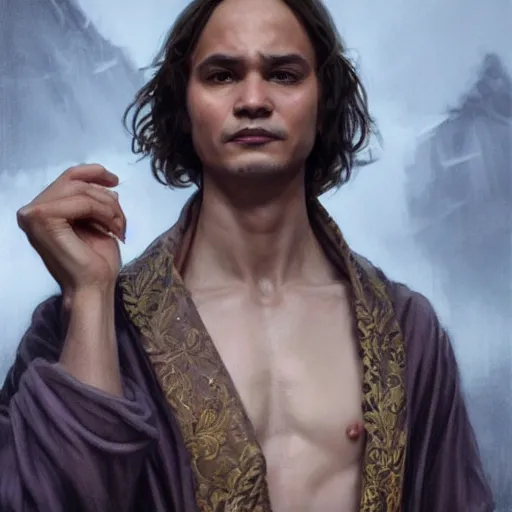 Image similar to Frank Dillane as an elf wearing an open robe, D&D, fantasy, intricate, cinematic lighting, highly detailed, digital painting, artstation, concept art, smooth, sharp focus, illustration, art by Artgerm and Greg Rutkowski and Alphonse Mucha