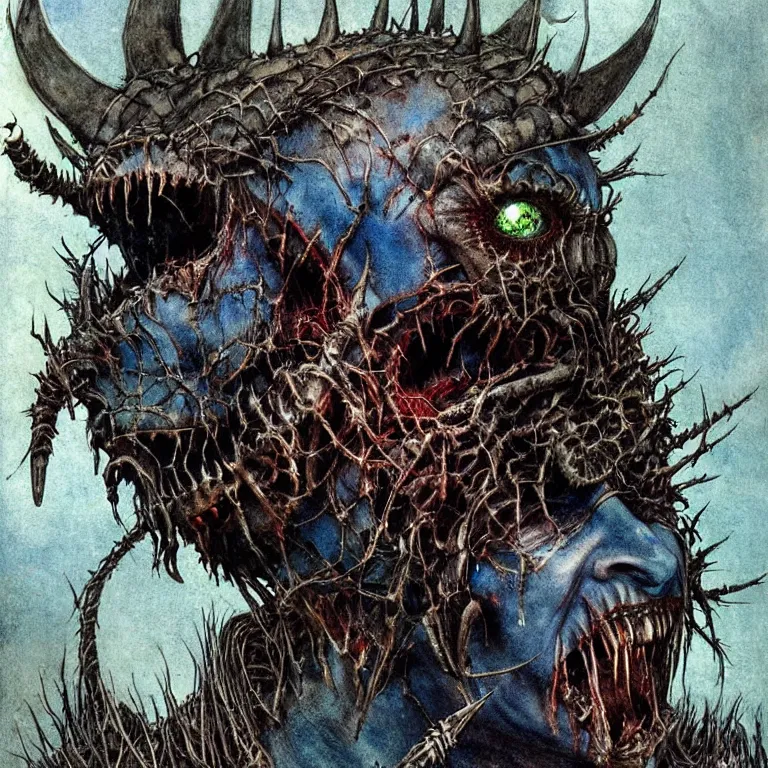 Prompt: a creepy armored horned fanged demon child with blue scarred skin wrapped in barbed wire. extremely high detail, realistic, fantasy art, solo, bones, masterpiece, saturated colors, tangled, ripped flesh, art by arthur rackham, dariusz zawadzki