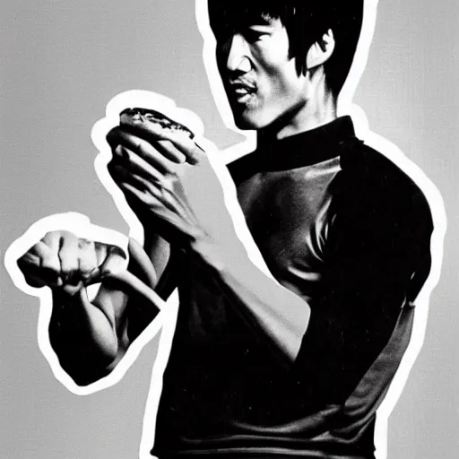 Prompt: a photo of bruce lee eating an hamburger