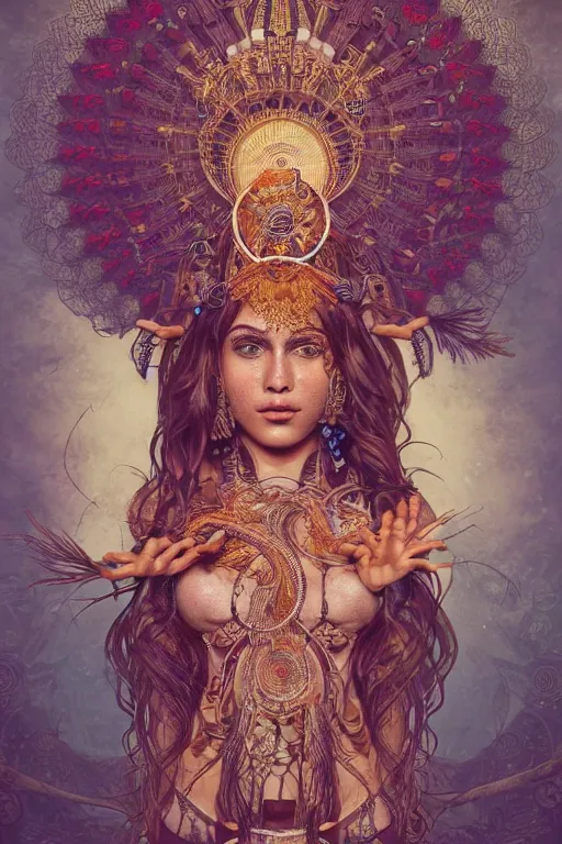 Image similar to an immaculate render of a tribal goddess adorned with leaves and cables and bird wings posing in a temple surrounded by wild tentacles made from mandalas and incense smoke, full body, perfect face, powerful, cinematic, beautifully lit, by artgerm, by alphonse mucha, by karol bak, 3 d, trending on artstation, octane render, 8 k