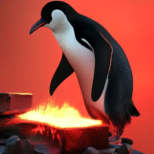 Prompt: penguin working as a blacksmith with red glasses on top of his head with the background of lava flowing while hammering the legendary sword on his anvil, hyperrealisim, Cinema 4D, sophisticated and complex digital painting, sharp focus, 8k resolution, high realistic, trending on artstation