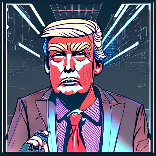 Image similar to cyberpunk robotic donald trump, sharp lines, digital, artstation, colored in