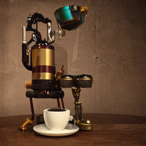 Image similar to dslr photo of a steampunk robotic espresso machine with small scientific gears, android coffee shop, 4 k, photorealistic, octane render, unreal engine, cafe lighting, cinematic, by peter majkut,