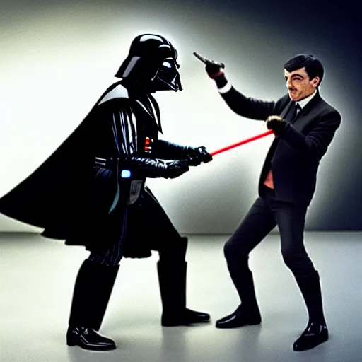 Prompt: photo of darth vader duelling with mr. bean, 8k