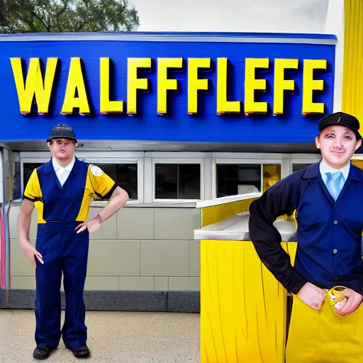 Image similar to wafflehouse employee's standing below wafflehouse sign, employees uniform is blue and black with yellow name tags