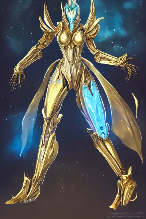 Prompt: intricate high detailed elegant beautiful stunning quality cosmic huge giantess hot sexy female warframe anthro mecha female dragon goddess, gold body, sleek metal ears, sleek eyes, smooth blue skin, sleek gold armor, bigger than galaxy, epic proportions, epic scale, epic size, warframe destiny art, furry, dragon art, goddess, giantess, furaffinity, octane