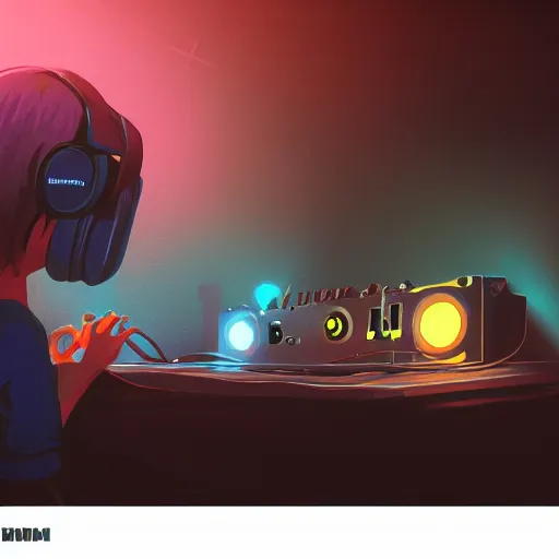 Image similar to hand drawn cute hardcore music dj, playing music for online streaming, detailed face, concept art, low angle, high detail, warm lighting, volumetric, godrays, vivid, beautiful, trending on artstation, by jordan grimmer, huge scene, art greg rutkowski