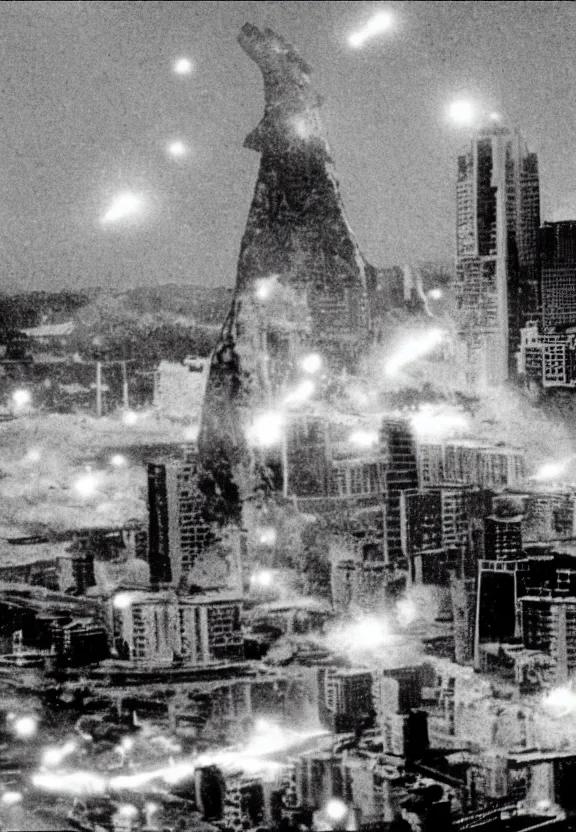 Image similar to Pulgasari the North Korean starfish monster destroying Pyongyang city, volumetric lighting, filmstill, produced by Kim Jong-il, Kodachrome, kaiju-eiga, monster movie, communist propaganda, film noir, 35mm film grain, Cooke Varotal 20-100mm T3.1, monochrome, in the style of Ishirō Honda and Akira Kurosawa