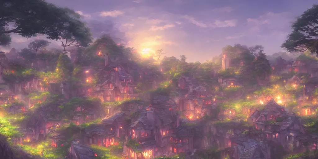 Prompt: a landscape of an elf village, Ghibli, 4k art, trending on art station, 8k, super detailed, makoto shinkai