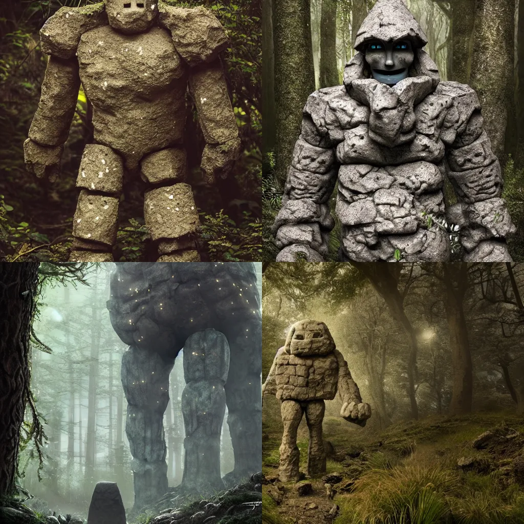 Prompt: a stone golem in a mysterious forest, detailed, intricate, cinematic lighting, trending of artstation, 4k, hyperrealistic, focused, extreme details, cinematic, masterpiece