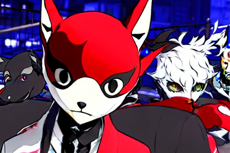 Image similar to persona 5 : royal ( by atlus ) video game splash screen, a furry male sandcolored tan fox fursona ( has hair ), persona 5 phantom thief style