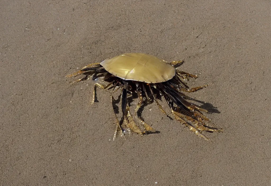 Prompt: A photo of a horseshoe crab made of gold in the beach