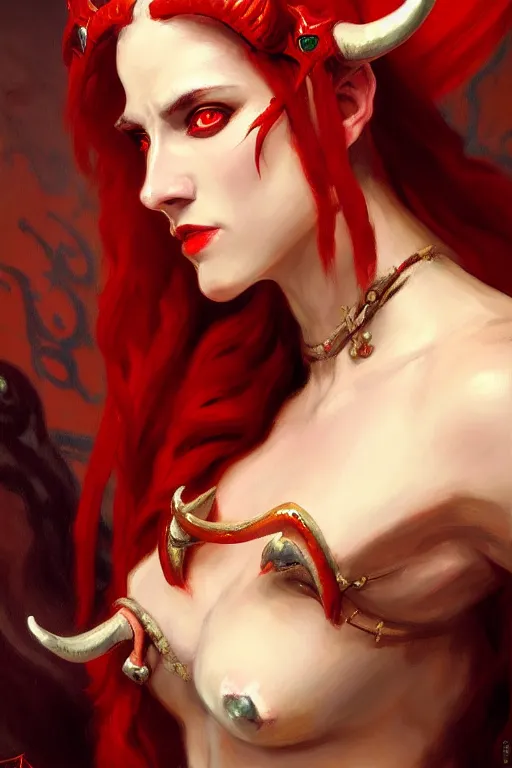 Image similar to painted close - up portrait of a attractive red - skinned intimidating demon girl with ram horns! oil painting, wearing a noblewoman's outfit, fantasy art by john singer sargent and gaston bussiere, and guillermo del toro and tyler edlin, demon noble character design, hd