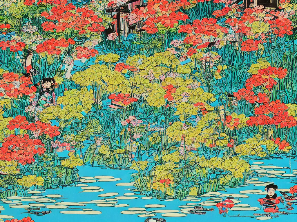 Image similar to close - up traditional japanese home with a garden, a pond in the garden, startroopers are sitting around the pond, a combination of pop - art and traditional japanese painting styles, the style of andy warhol and jackie tsai, bright palette, acrylic on canvas