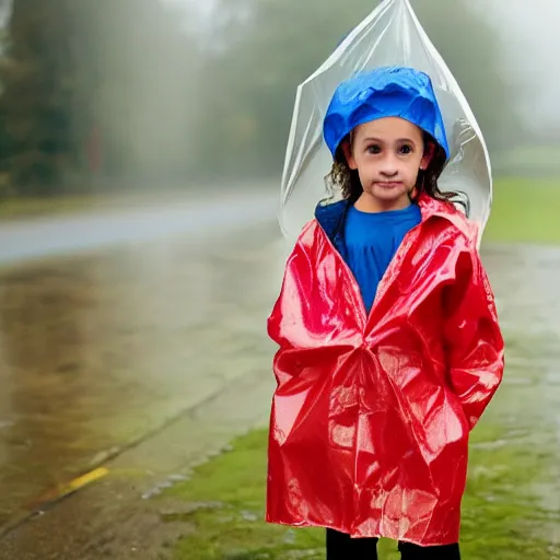 Prompt: a photograph of a seven year old girl with short wavy curly light brown hair and blue eyes wearing a colorful raincoat in the rain. high quality professional photo, natural lighting